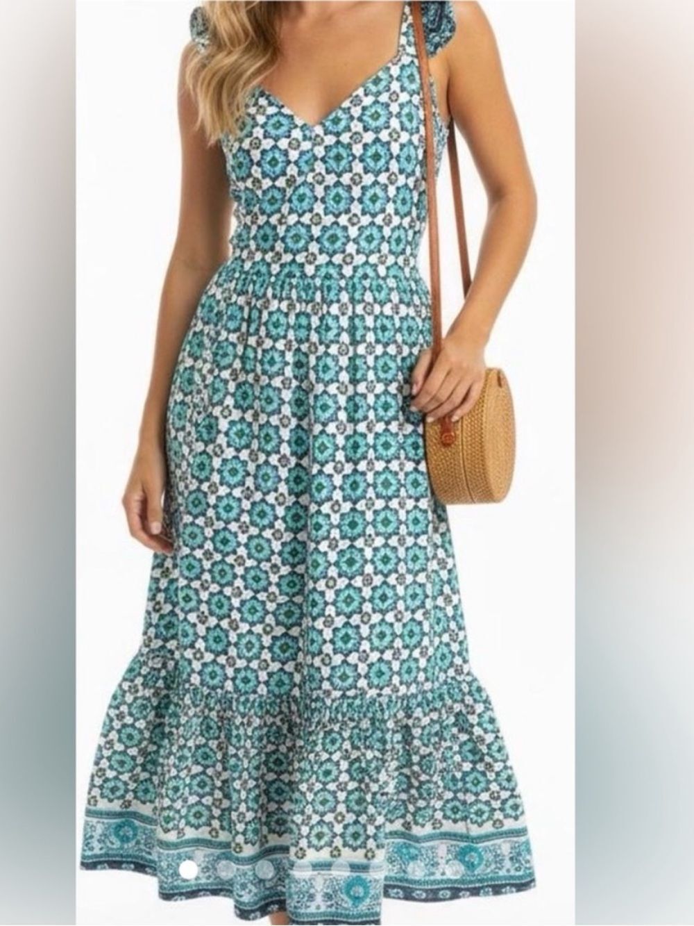 Lucky Brand Blue White Medallion Print Full Skirt Ruffle Maxi Peasant Dress NEW